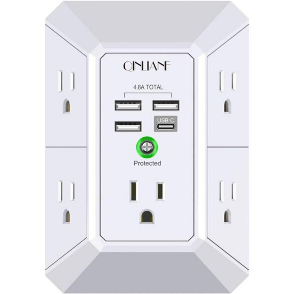 Wall Charger Surge Protector 5 Outlet Extender with 4 USB Charging Ports 3-Sided
